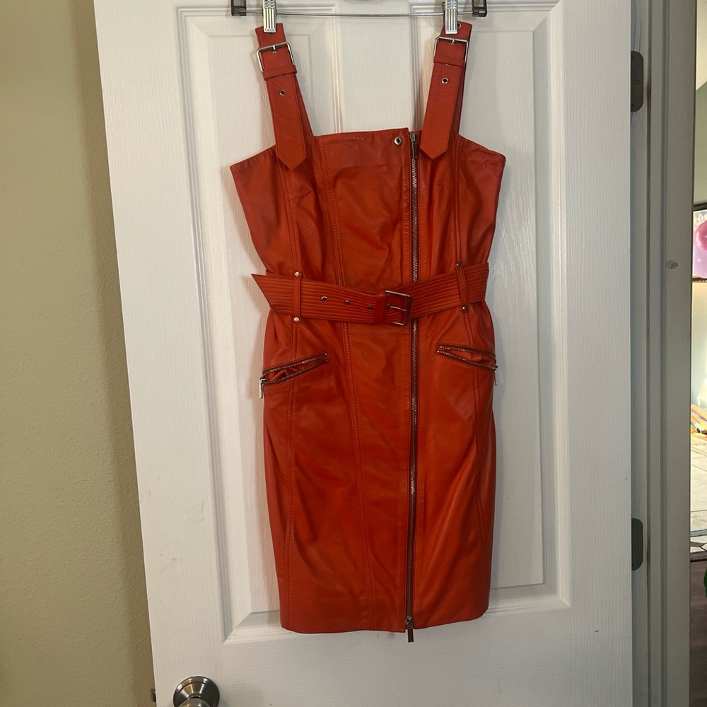Karen Millen Orange Belted leather Dress size 8  🔥